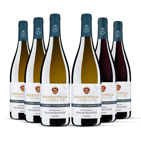 6er Probierpaket von den Lagen je zwei Flaschen Grauburgunder, Weißburgunder und Spätburgunder 0,75 L mit Naturkork